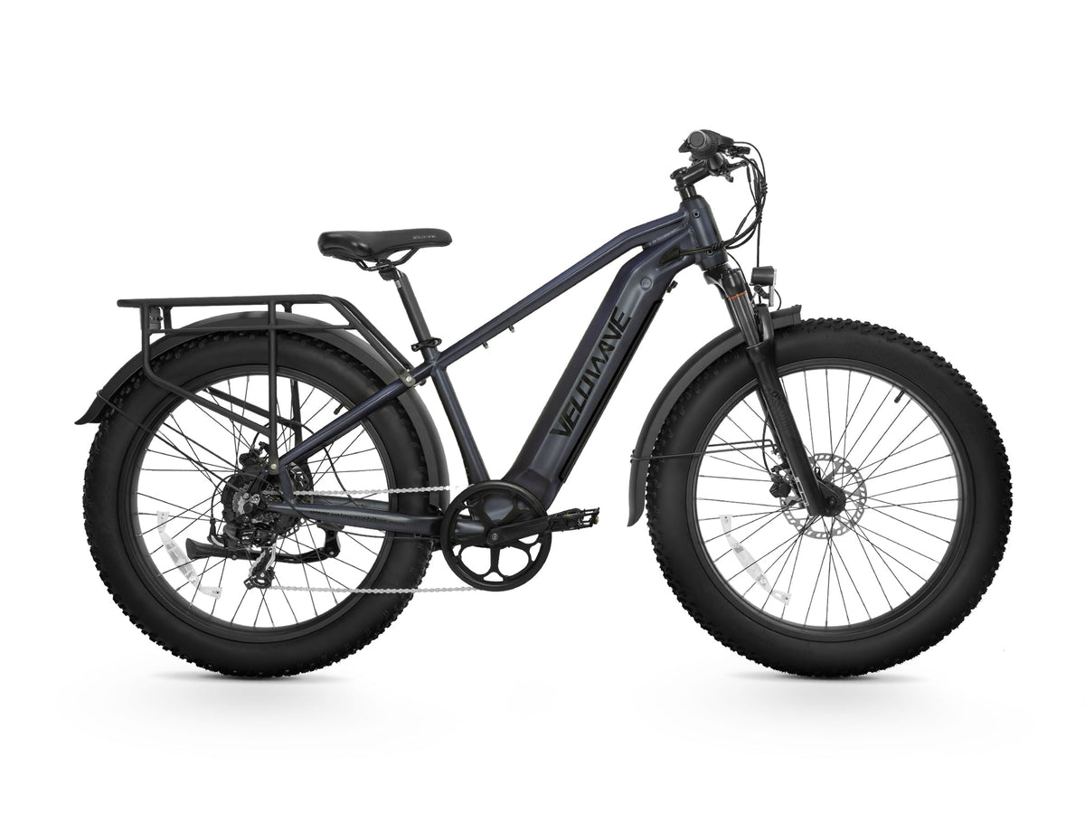 Dark gray Velowave Ranger 2.0 fat-tire electric bike studio side view with rear rack
