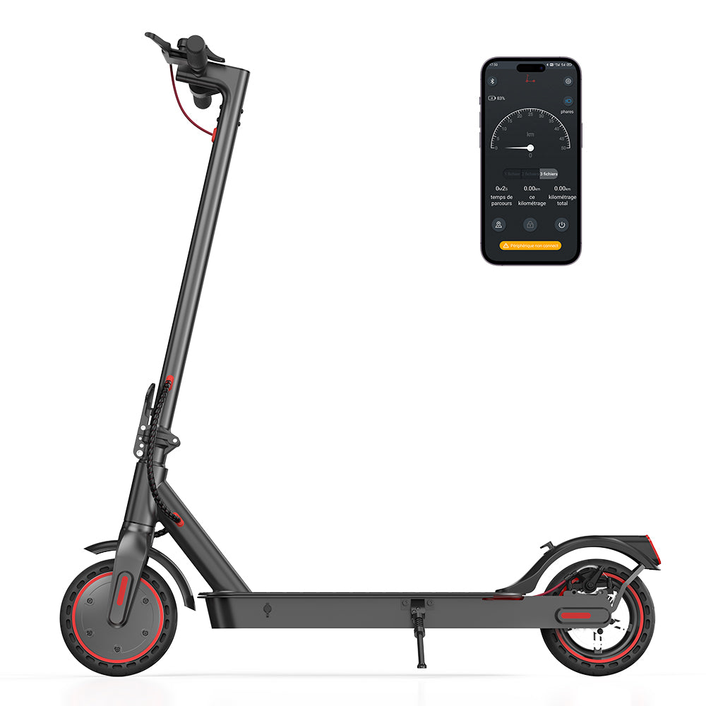 Full side profile of the iScooter i9 showing the slim deck, front-wheel-drive hub, rear fender, and kickstand.
