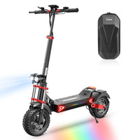 iScooter iX8 off-road dual-motor electric scooter with 12-inch off-road pneumatic tires, dual front and rear suspension, dual hydraulic disc brakes with EBAS rear anti-lock, full-color LCD, and a 38 mph top-speed claim