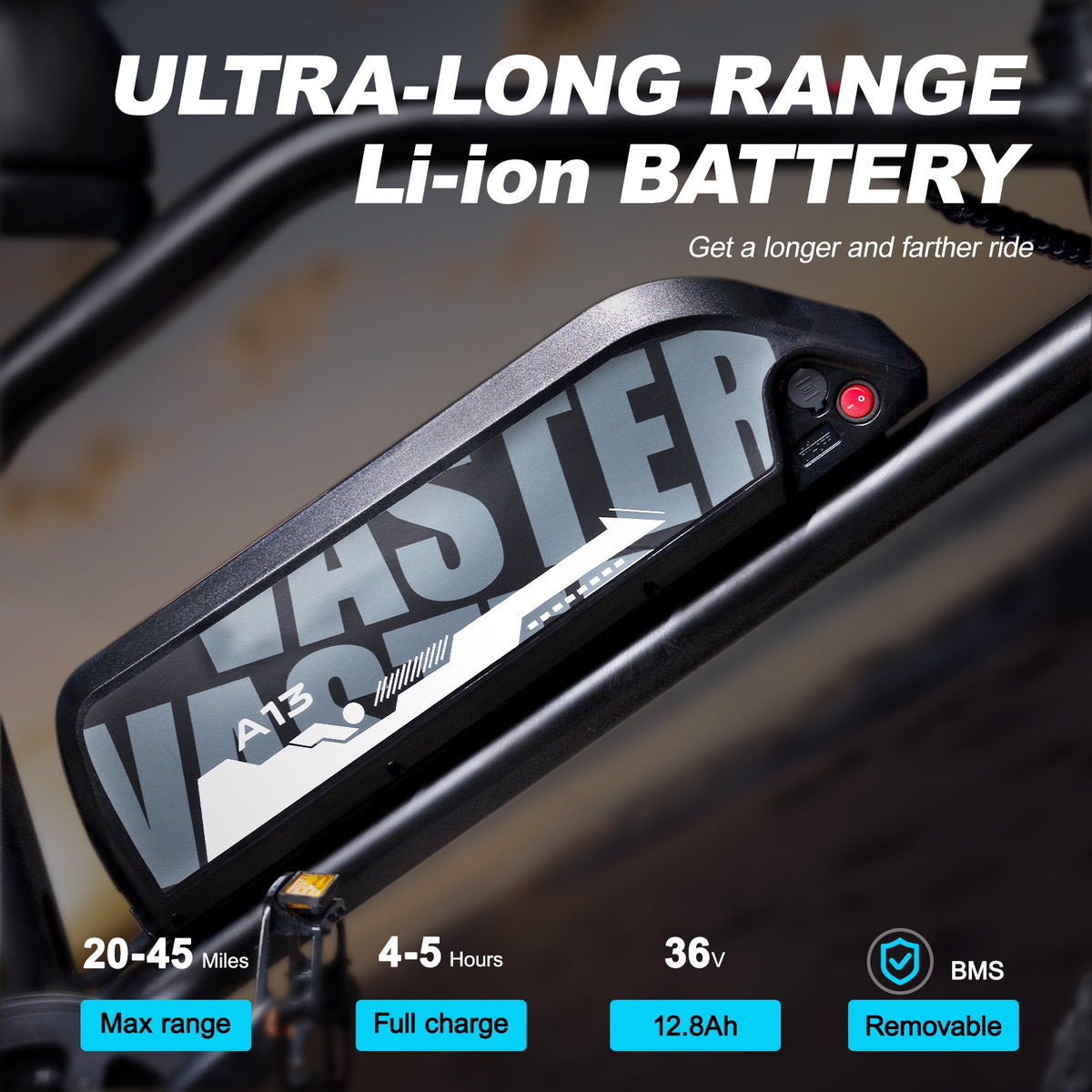 AVDL A13 removable 36V 12.8Ah battery close-up with range and charge-time graphic