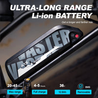 AVDL A13 removable 36V 12.8Ah battery close-up with range and charge-time graphic