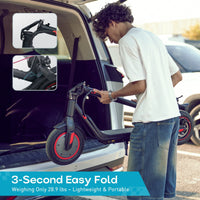 iScooter i9M sub-budget folding commuter electric scooter: 42V peak 500W brushless front-wheel-drive motor, 22 mph, 315Wh battery, 10-inch pneumatic tires, EBAS plus rear disc brake, IP54, Tuya app integration, included mudguards, 28.9 lb folded
