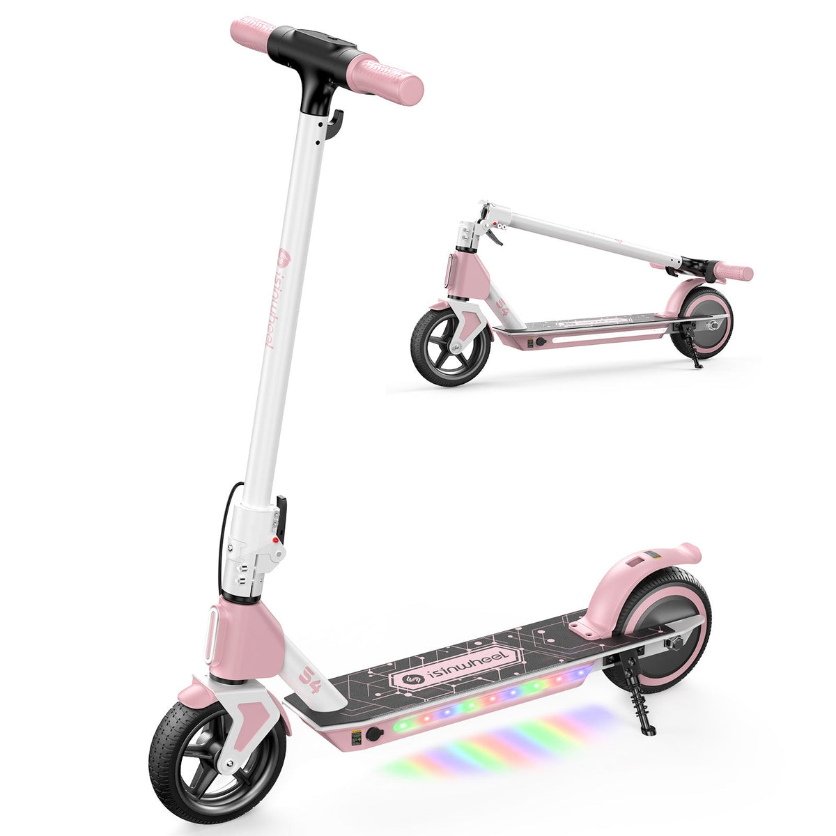 Pink isinwheel S4 shown upright and folded with LED deck lights