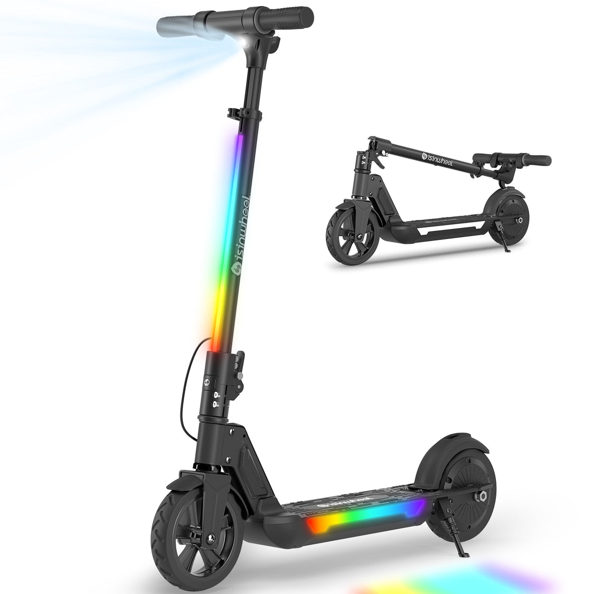 isinwheel S7 kids electric scooter folded and unfolded with LED lights