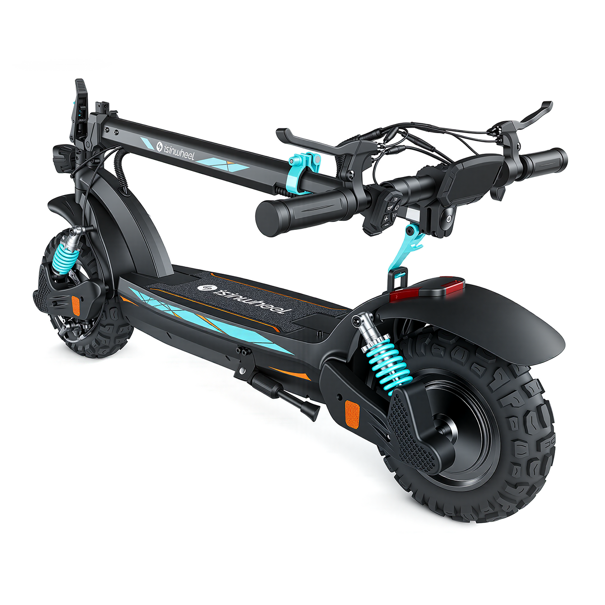 Close rear three-quarter view of the folded GT2 Pro showing the rear tire, suspension springs, and deck