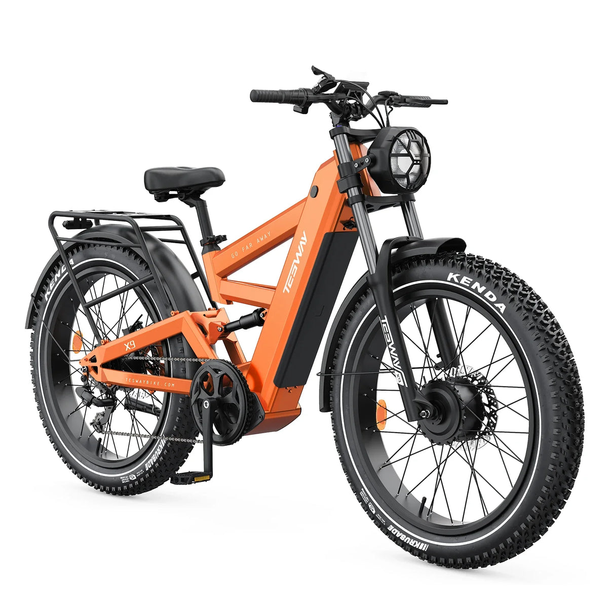 Orange TESWAY X9 Ultra rear three-quarter view showing the integrated battery, drivetrain, rack, and fat tires