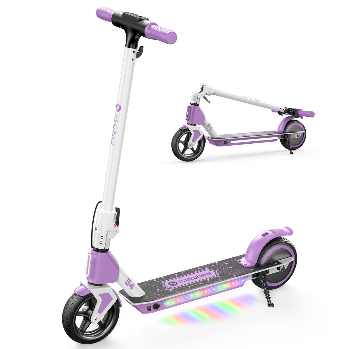 Purple isinwheel S4 shown upright and folded with LED deck lights