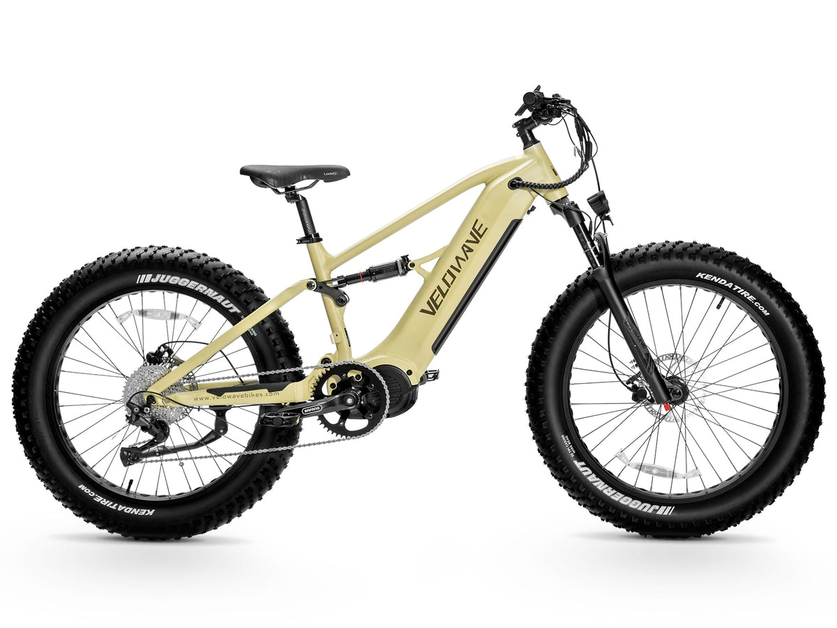 Olive Green Velowave Brawny XM left-side studio profile with Bafang mid-drive and fat tires
