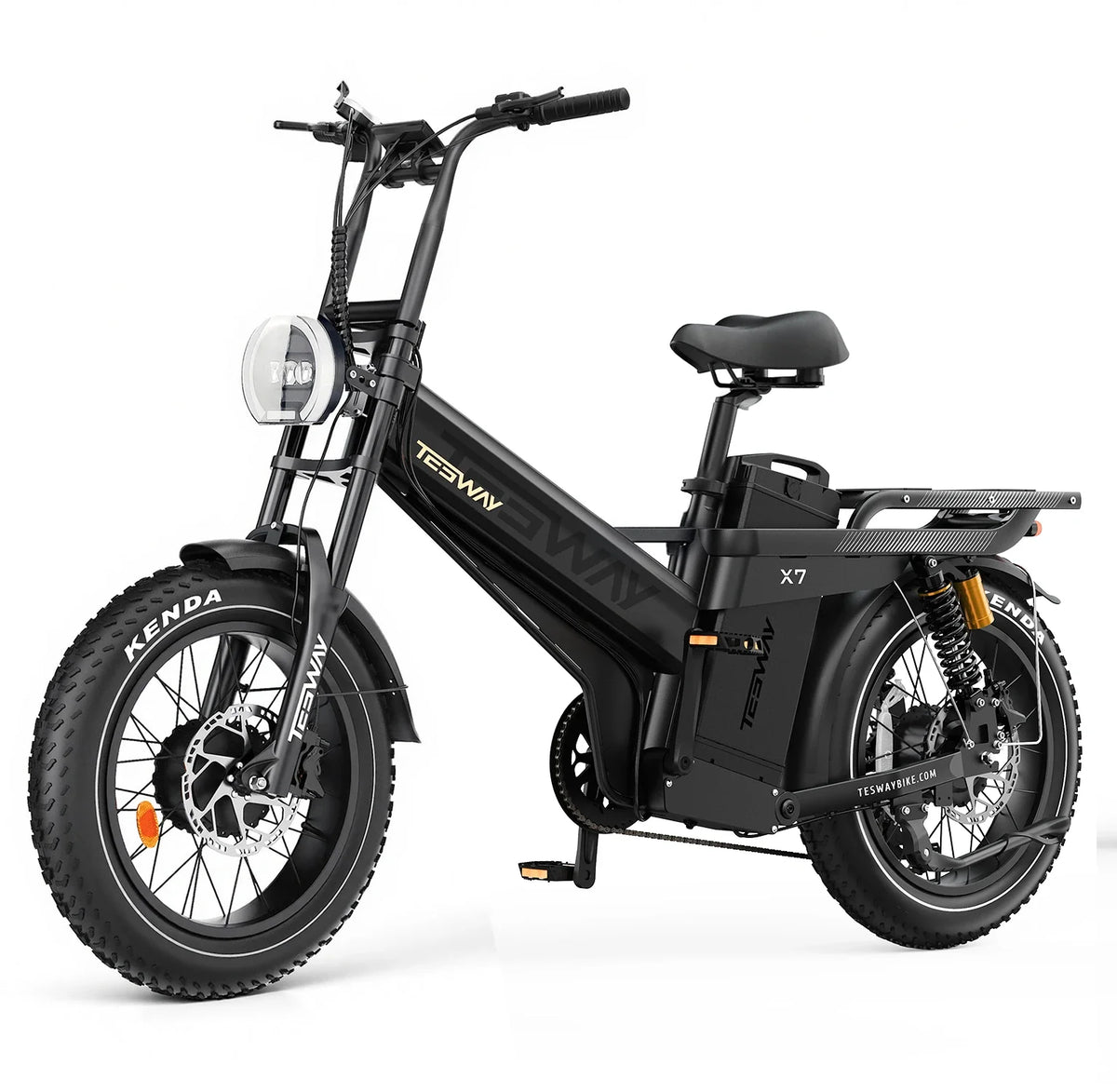Black TESWAY X7 AWD electric bike, front three-quarter studio view