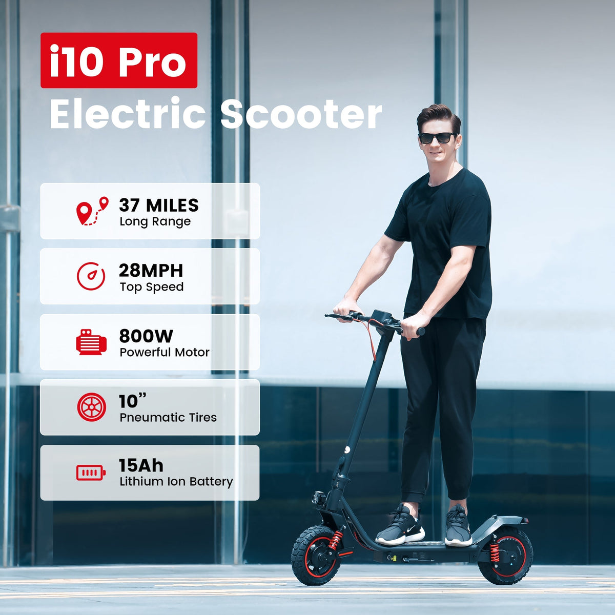 iScooter i10 Pro 800W folding commuter electric scooter: 48V peak 800W brushless rear-wheel-drive motor, 28 mph top speed, 720Wh battery, 10-inch pneumatic road tires, EBAS front plus double drum rear brakes, front and rear suspension, IP54, dedicated iScooter app, 53.9 lb folded