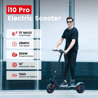 iScooter i10 Pro 800W folding commuter electric scooter: 48V peak 800W brushless rear-wheel-drive motor, 28 mph top speed, 720Wh battery, 10-inch pneumatic road tires, EBAS front plus double drum rear brakes, front and rear suspension, IP54, dedicated iScooter app, 53.9 lb folded
