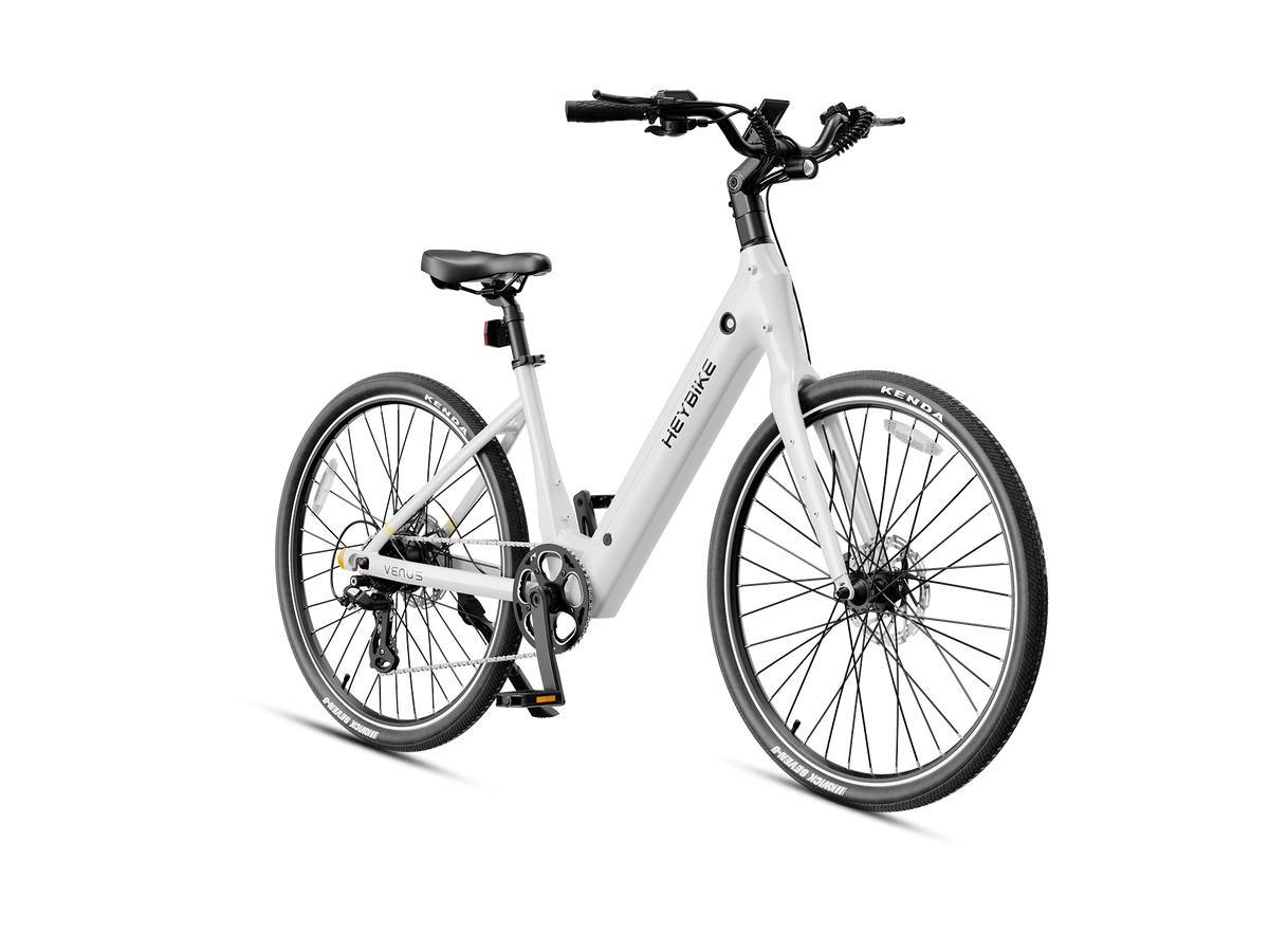 Heybike Venus lightweight step-thru cruiser electric bike: 750W Galaxy hub motor (1400W peak), 70 Nm torque, 28 mph Class 2/3 switchable, 27.5x2.2 Kenda road tires, aluminum-alloy low-step frame, Shimano Altus 8-speed, hydraulic discs, UL 2849 + UL 2271