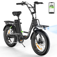 Side view of the black isinwheel U7 with the front rack, the removable battery in the step-through frame, the rear rack, and the 7-speed rear cassette visible