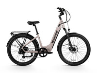 Beige Velowave Breeze T left-side profile with step-through frame, fenders and rear rack