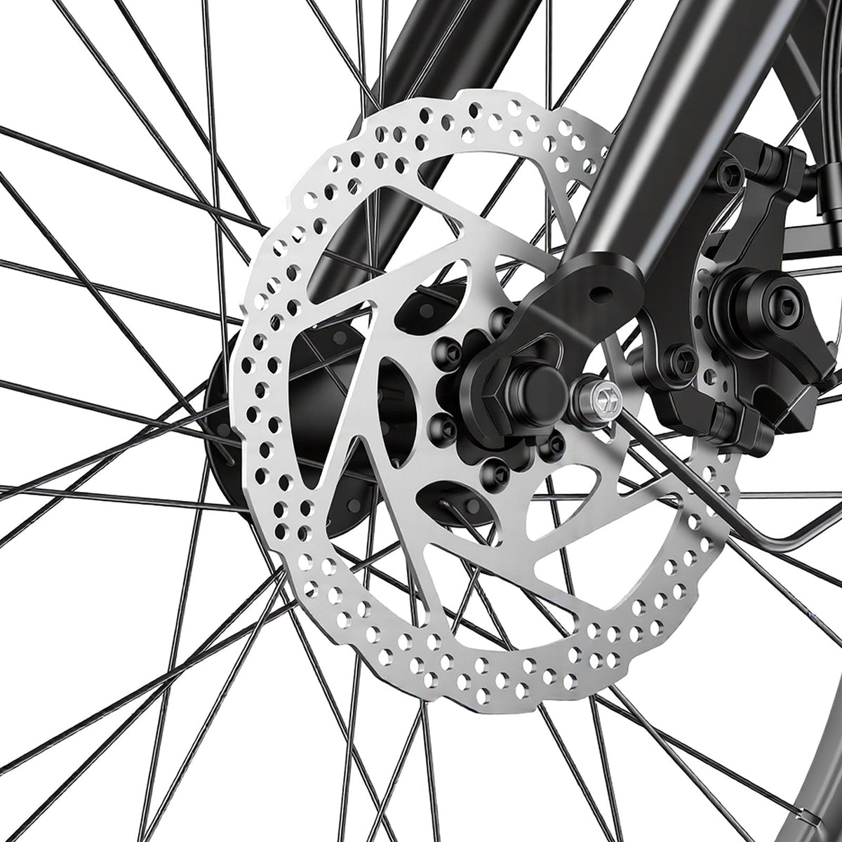 Close-up of the isinwheel U7 front disc brake rotor and caliper assembly with the spoked 20-inch fat-tire wheel