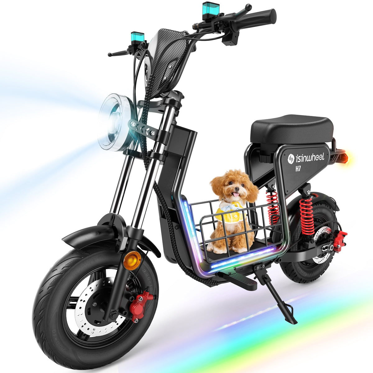 Front view of the H7 seated electric scooter with headlight beam, center basket, padded seat, and rear suspension