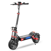 iScooter iX8 off-road dual-motor electric scooter with 12-inch off-road pneumatic tires, dual front and rear suspension, dual hydraulic disc brakes with EBAS rear anti-lock, full-color LCD, and a 38 mph top-speed claim