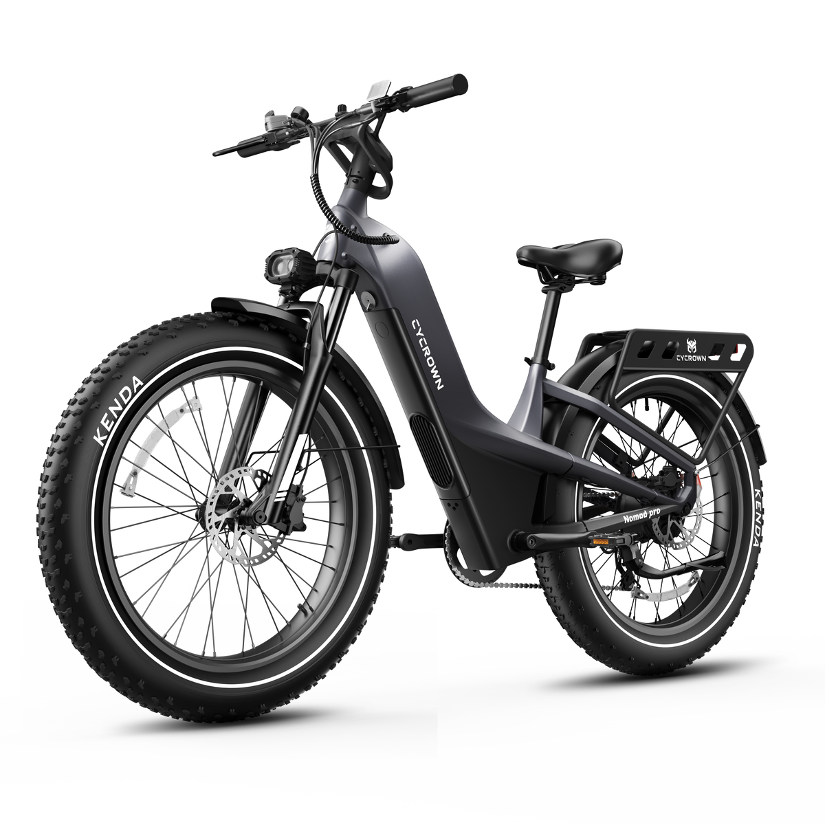 Front three-quarter view of the graphite grey Nomad Pro showing the hydraulic fork, fat tires, and commuter frame.