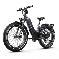 Front three-quarter view of the graphite grey Nomad Pro showing the hydraulic fork, fat tires, and commuter frame.