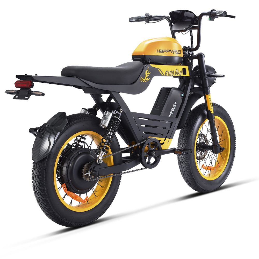 Detail view of the HappyRun G100 Pro motorcycle-style handlebar showing the throttle grip, brake levers, mirrors, and turn-signal switches