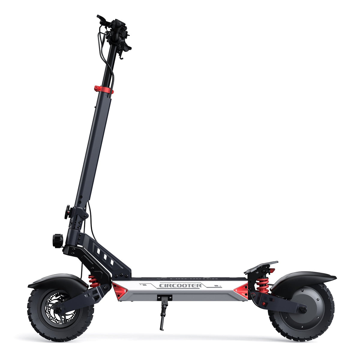 Circooter Landturbo off-road folding electric scooter with single-motor build (1000W or 1500W peak), 10-inch pneumatic all-terrain tires, dual swing-arm suspension, dual disc brakes with EABS electronic anti-lock, 6061 aluminum folding frame, color LCD display, IPX5 water resistance, and UL 2272 testing