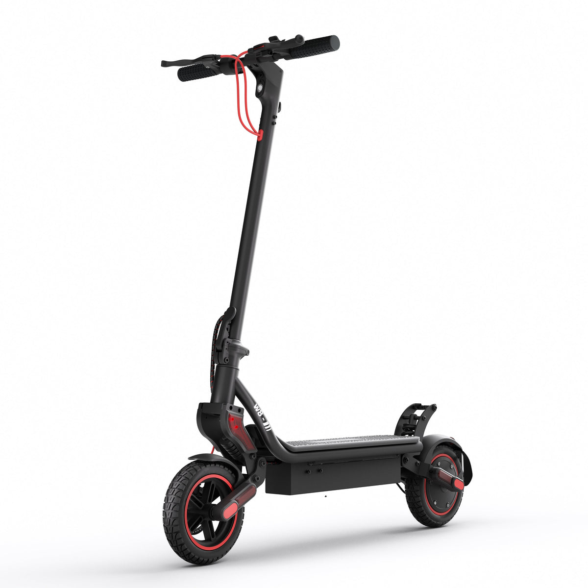 Full side profile of the iScooter W8 in studio with black deck, red rear suspension detail, and chunky pneumatic tires.