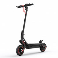 Full side profile of the iScooter W8 in studio with black deck, red rear suspension detail, and chunky pneumatic tires.