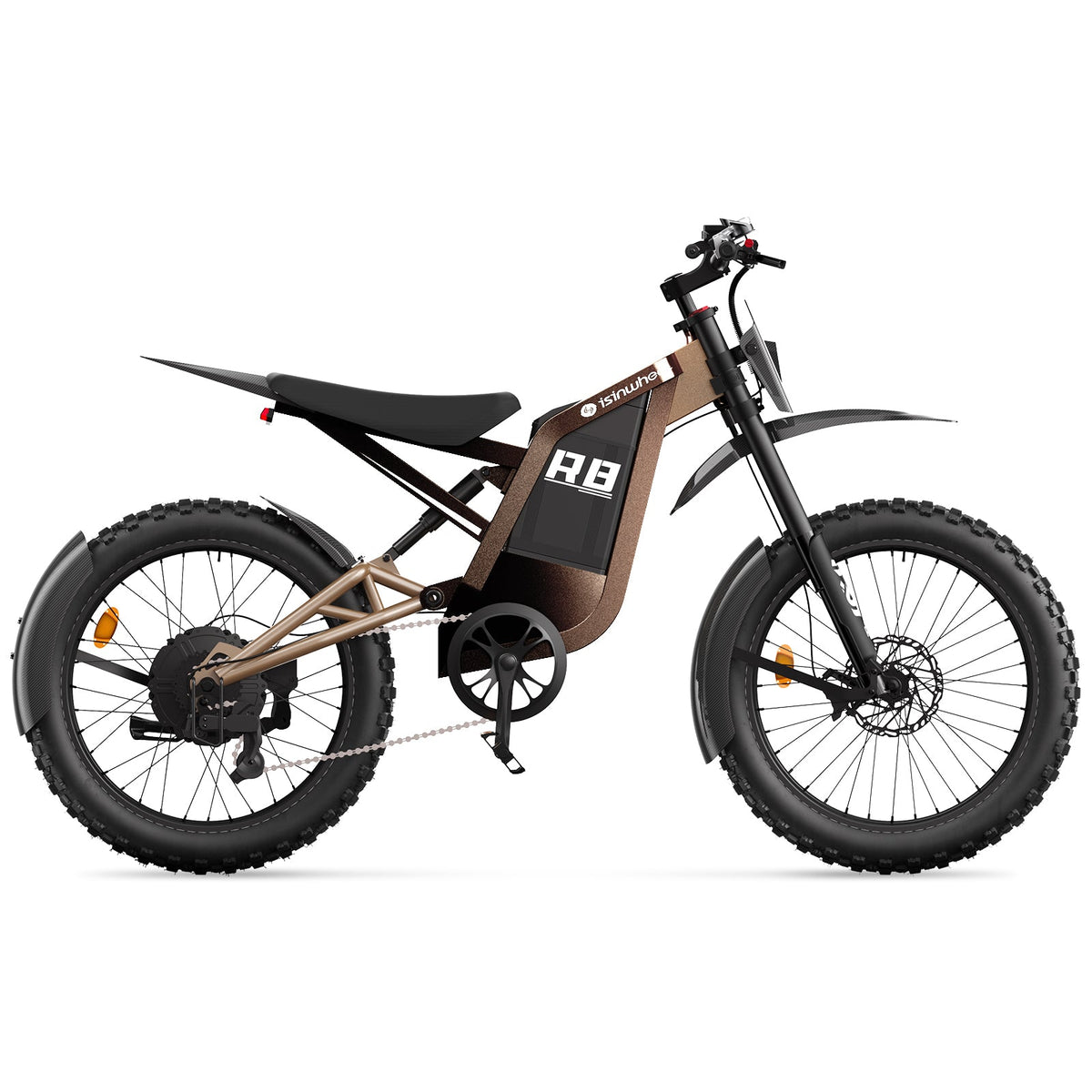 Bronze isinwheel R8 side profile on white background showing frame battery placement, rear fender, and trail-ready tire shape.