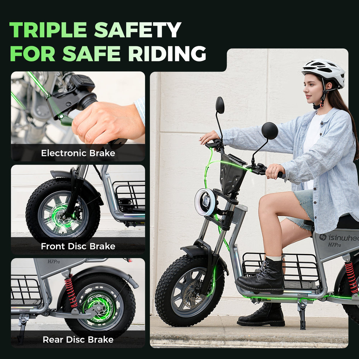 Helmeted rider seated on the H7Pro beside close-ups of the electronic and front and rear disc brakes
