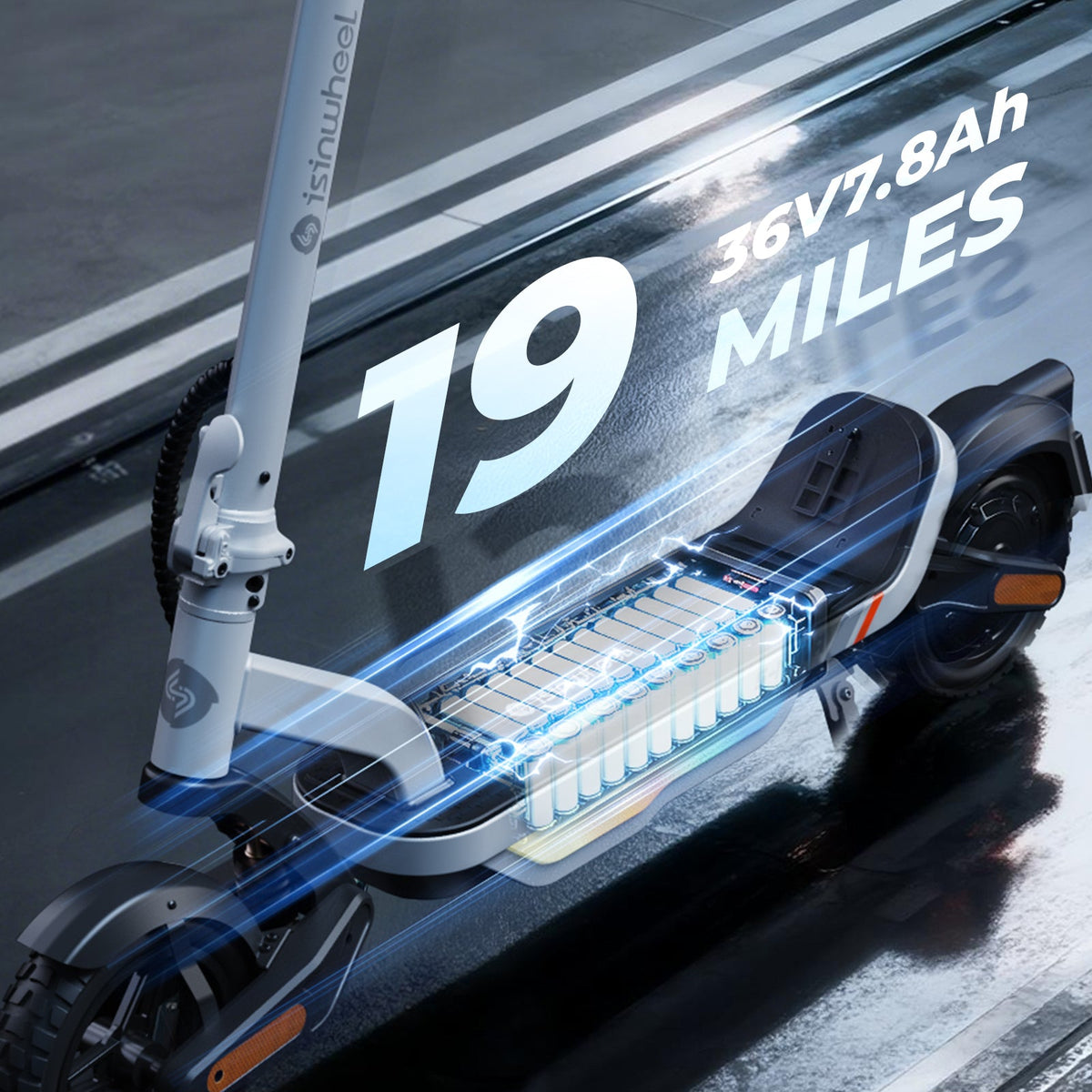 S Nova 19-mile range feature graphic with the 36V 7.8Ah battery cells illustrated above a wet road