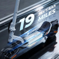 S Nova 19-mile range feature graphic with the 36V 7.8Ah battery cells illustrated above a wet road