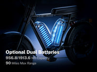 Heybike Saturn moped-style commuter e-bike: 52V 1000W continuous / 1800W peak hub motor, 95 Nm torque, single or dual-battery configuration, hydraulic disc brakes, full suspension with 140 mm front travel, turn signals, TFT color display, UL 2849 certified
