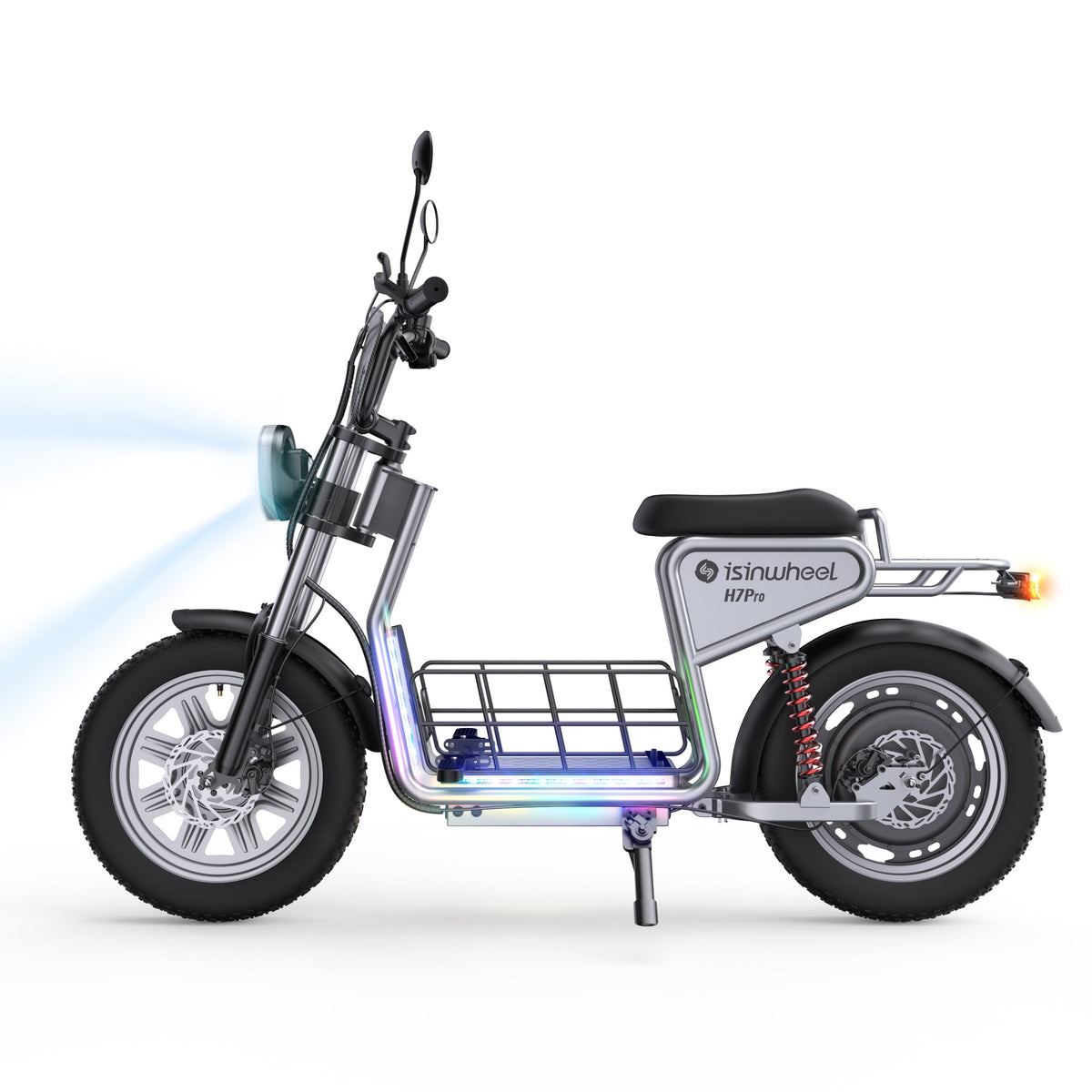 Left side profile of the H7Pro showing the open front basket, padded seat, and wide pneumatic tires