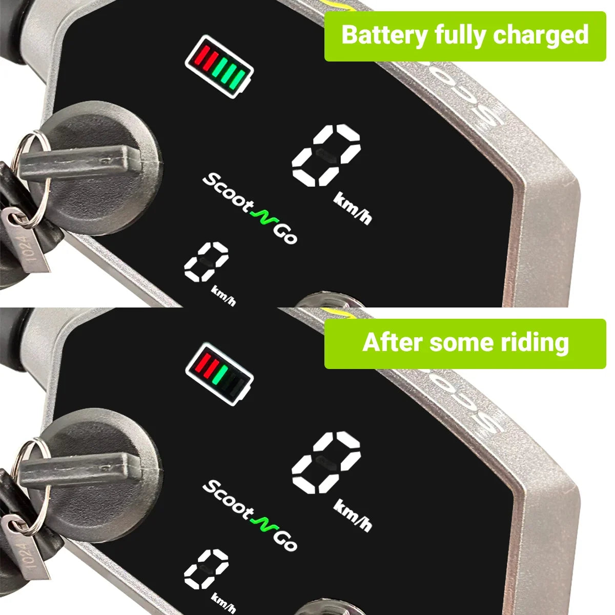 ScootNGo Lite keyed control panel showing battery-status display examples