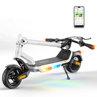 Folded gray isinwheel S Nova resting on its kickstand with the stem folded along the deck, beside the isinwheel Club app screen