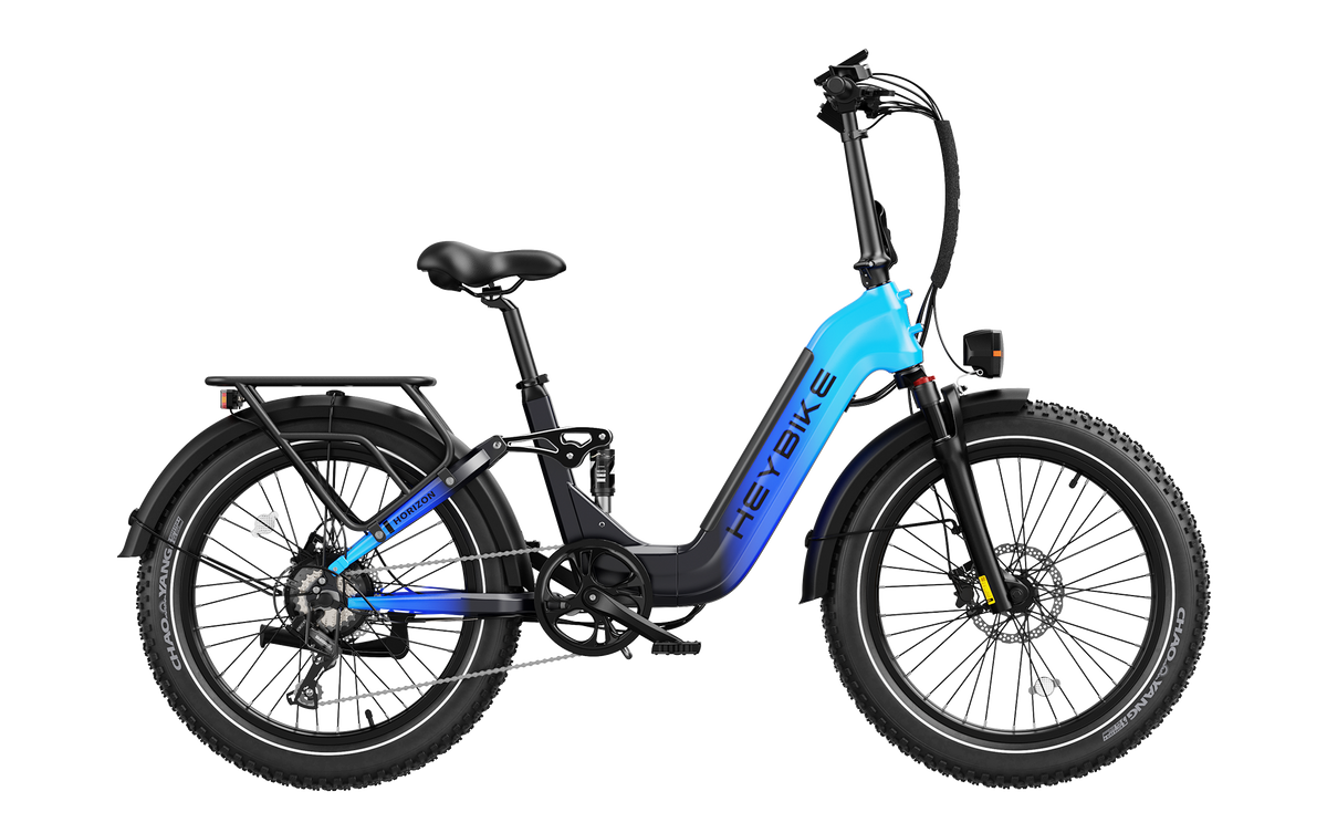 Heybike Horizon 24-inch full-suspension folding fat-tire e-bike: 750W (1400W peak) rear hub motor, 692Wh battery, 24x4 fat tires, hydraulic disc brakes, Shimano 7-speed, aluminum-alloy low-step folding frame, UL 2849 certified, four color options