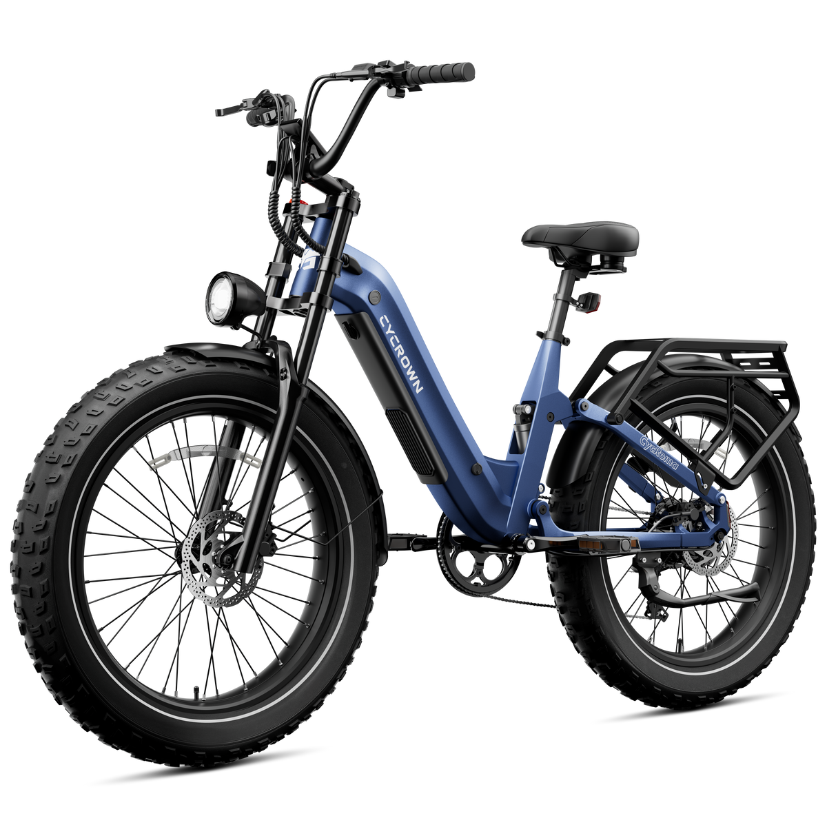 Indigo blue Roma step-through e-bike in a front three-quarter view