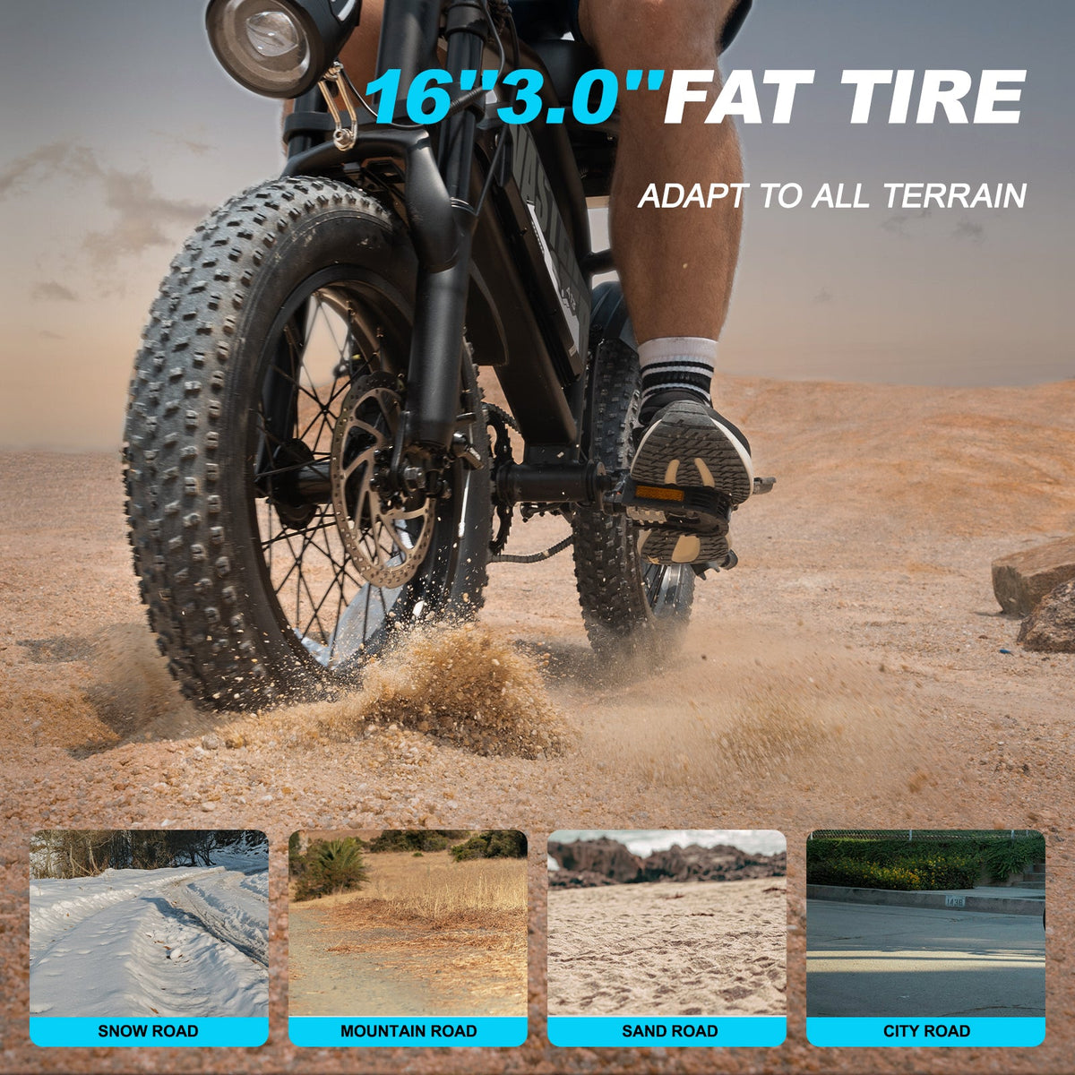 AVDL A13 16 x 3.0 inch fat tire and front disc brake close-up