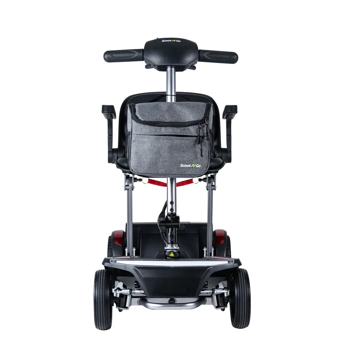 ScootNGo Folo front view showing the tiller-mounted gray storage bag