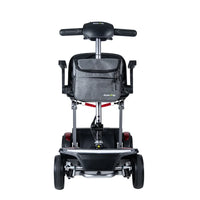 ScootNGo Folo front view showing the tiller-mounted gray storage bag