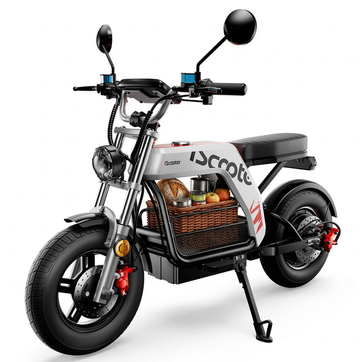 iScooter DX5Pro studio image with a pet basket mounted in the frame opening, showing the deck, mirrors, and rear fender.