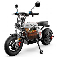 iScooter DX5Pro studio image with a pet basket mounted in the frame opening, showing the deck, mirrors, and rear fender.