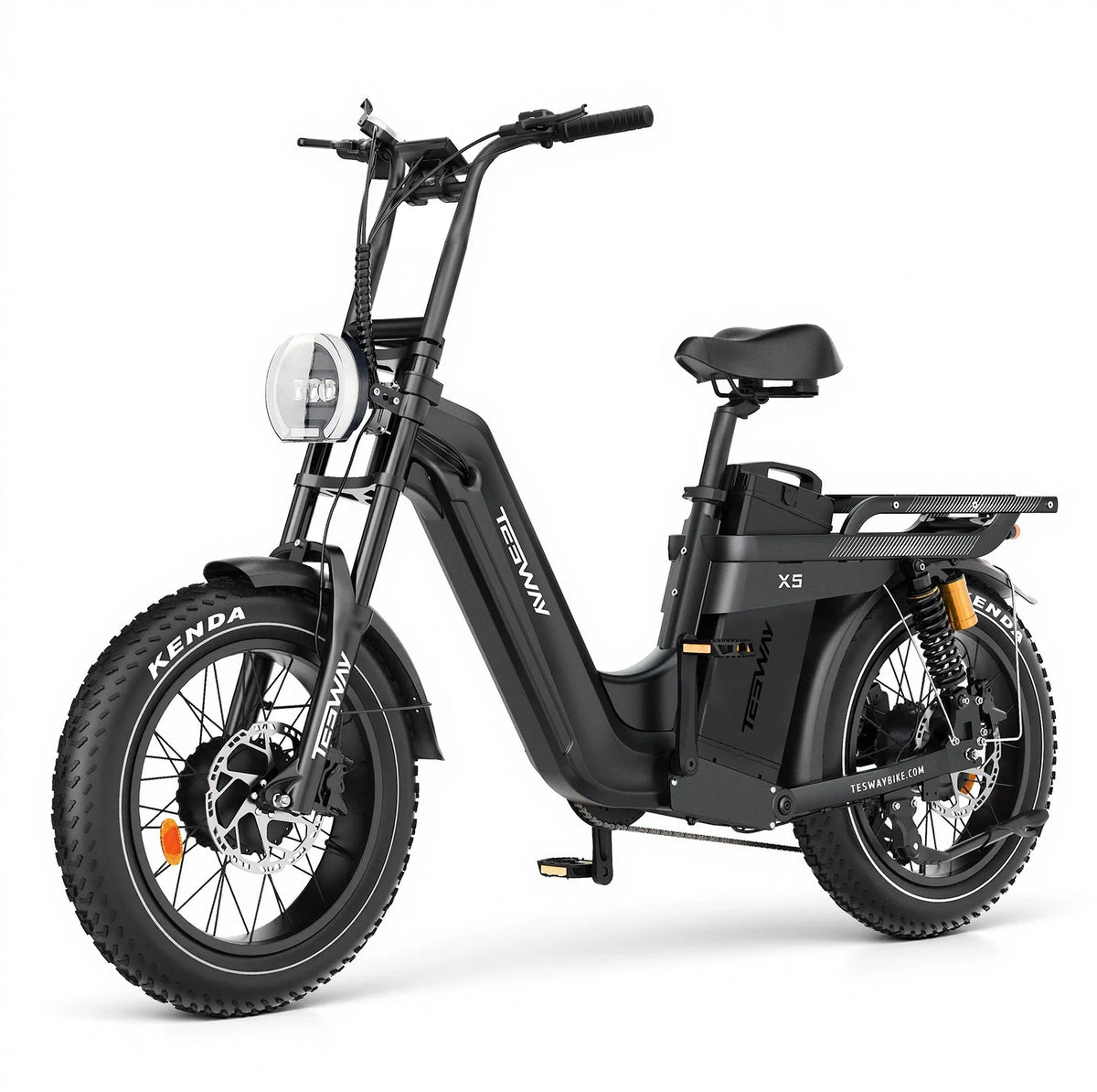 Black TESWAY X5 AWD step-through electric bike, front-left studio view