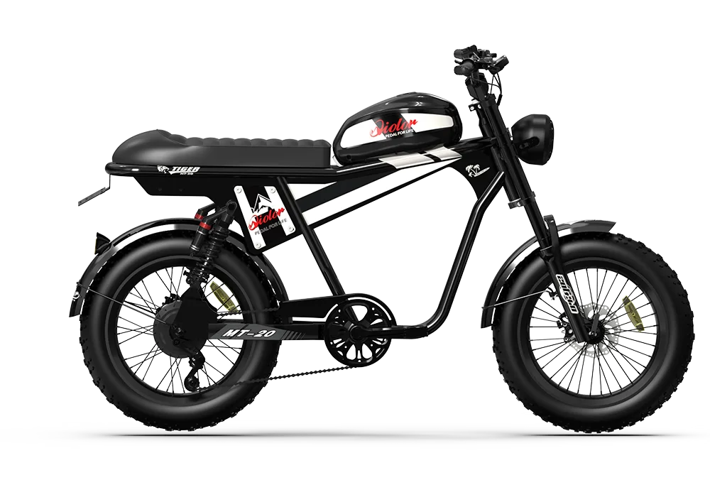 Black QIOLOR Tiger Plus side view showing front fork, rear shocks and extended bench seat