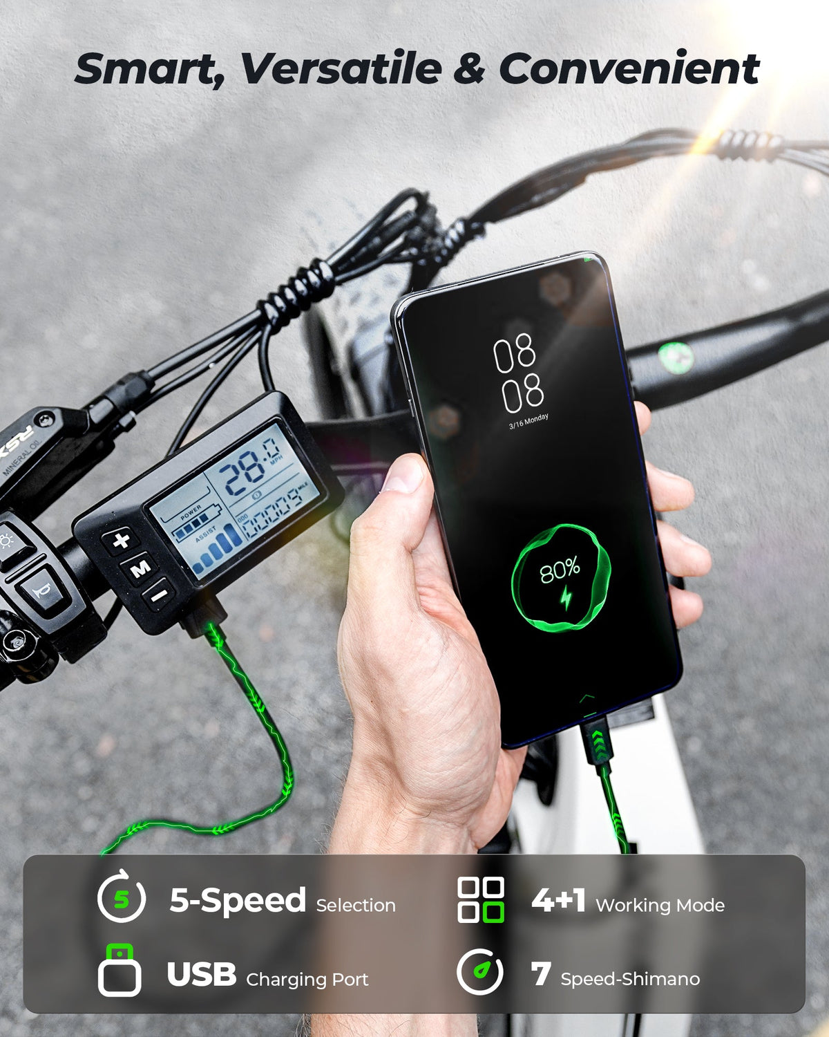 isinwheel U8 Ultra handlebar and display with a phone plugged into the USB charging port beside ride mode controls.