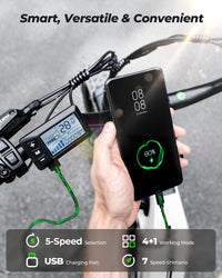 isinwheel U8 Ultra handlebar and display with a phone plugged into the USB charging port beside ride mode controls.