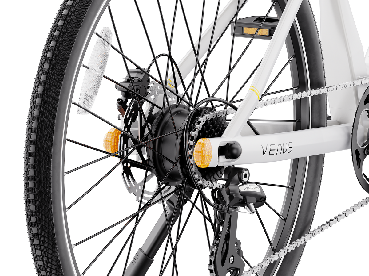 Heybike Venus lightweight step-thru cruiser electric bike: 750W Galaxy hub motor (1400W peak), 70 Nm torque, 28 mph Class 2/3 switchable, 27.5x2.2 Kenda road tires, aluminum-alloy low-step frame, Shimano Altus 8-speed, hydraulic discs, UL 2849 + UL 2271