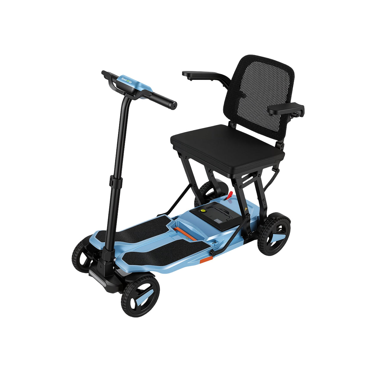 Sky Blue ScootNGo Voyager mobility scooter viewed from the rear side