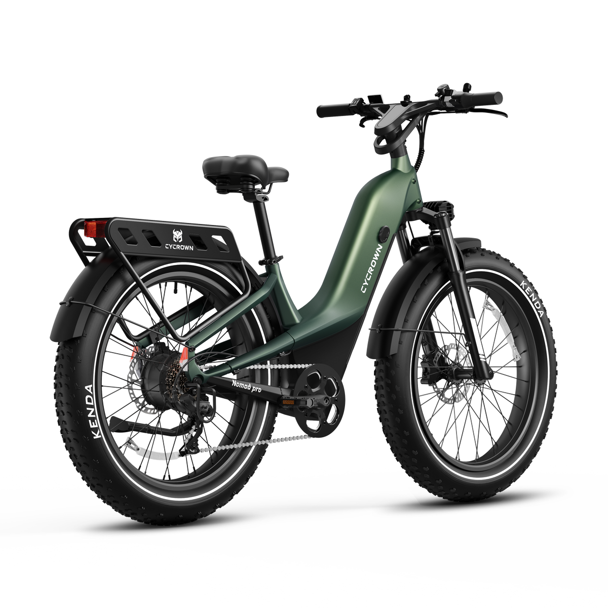 Rear three-quarter view of the alpine green Nomad Pro with rack, fenders, and long-range battery.