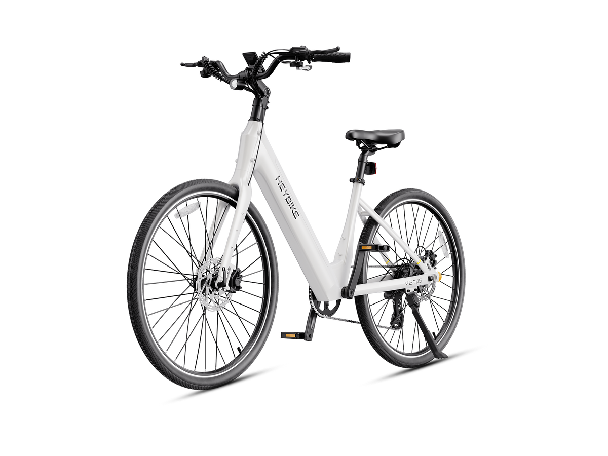 Heybike Venus lightweight step-thru cruiser electric bike: 750W Galaxy hub motor (1400W peak), 70 Nm torque, 28 mph Class 2/3 switchable, 27.5x2.2 Kenda road tires, aluminum-alloy low-step frame, Shimano Altus 8-speed, hydraulic discs, UL 2849 + UL 2271